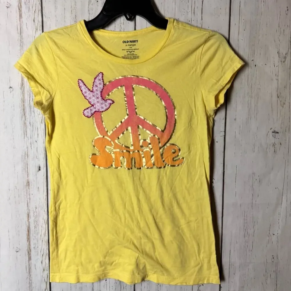 Old Navy Girl's Yellow Tee with Peace and Smile Graphic Sz XL